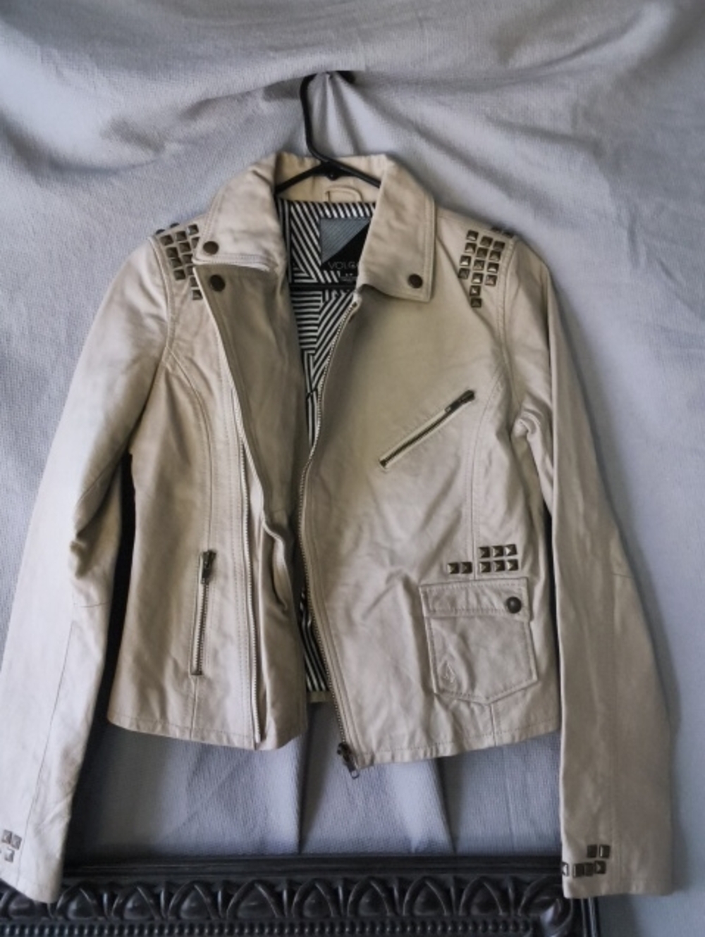 Volcom Beige Studded Leather Moto Jacket Small Bikercore